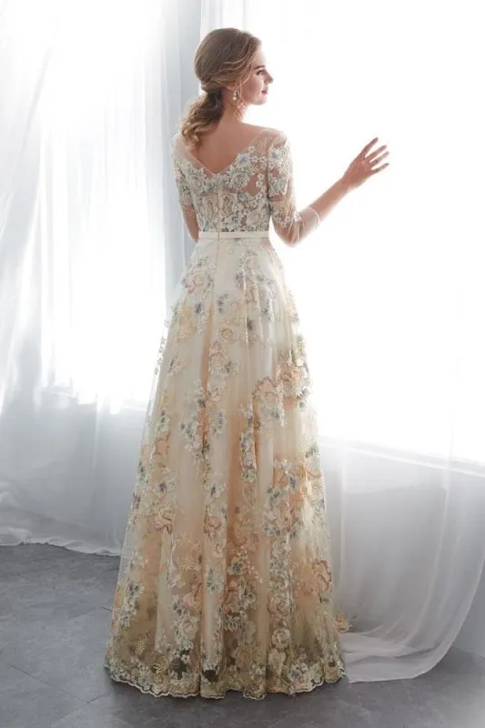 A Line Floor Length Floral Prom Dresses 3/4 Sleeves A-line Empire Waist Long Evening Gowns