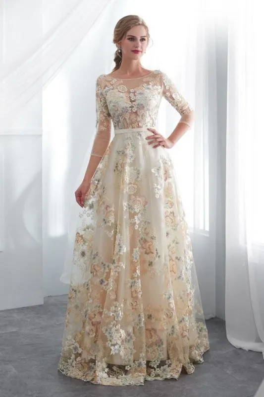 A Line Floor Length Floral Prom Dresses 3/4 Sleeves A-line Empire Waist Long Evening Gowns