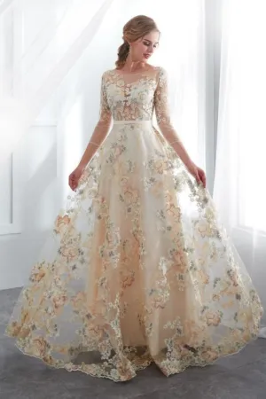 A Line Floor Length Floral Prom Dresses 3/4 Sleeves A-line Empire Waist Long Evening Gowns