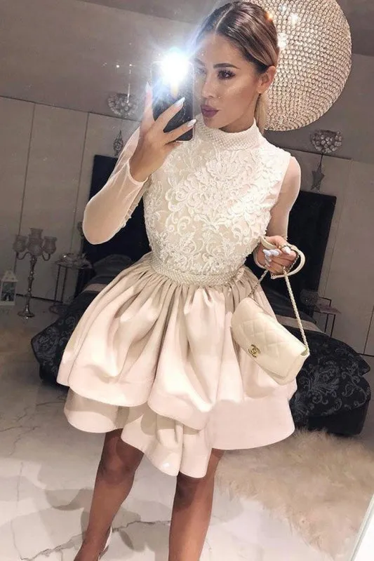 A Line High Neck Two Tiers Appliques Long Sleeves Short Homecoming Dress