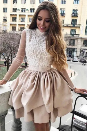 A Line High Neck Two Tiers Appliques Long Sleeves Short Homecoming Dress