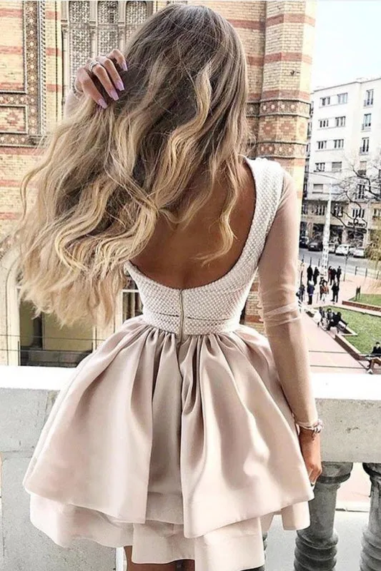 A Line High Neck Two Tiers Appliques Long Sleeves Short Homecoming Dress