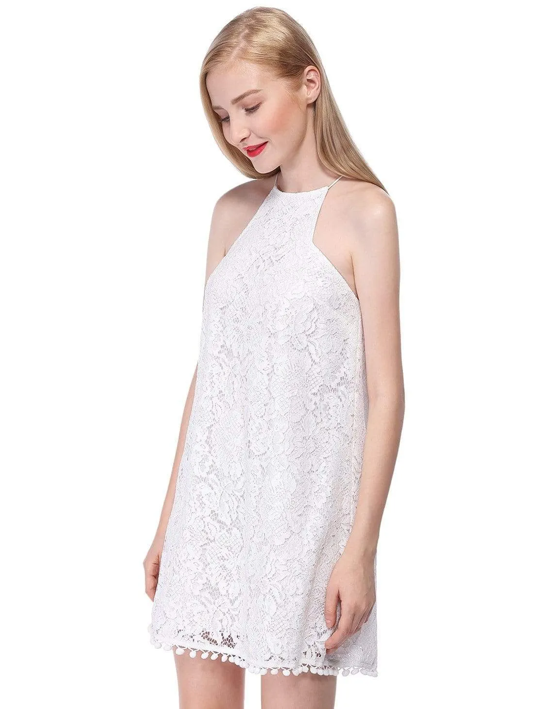 Alisa Pan Halter Lace Shift Dress with Pom Poms