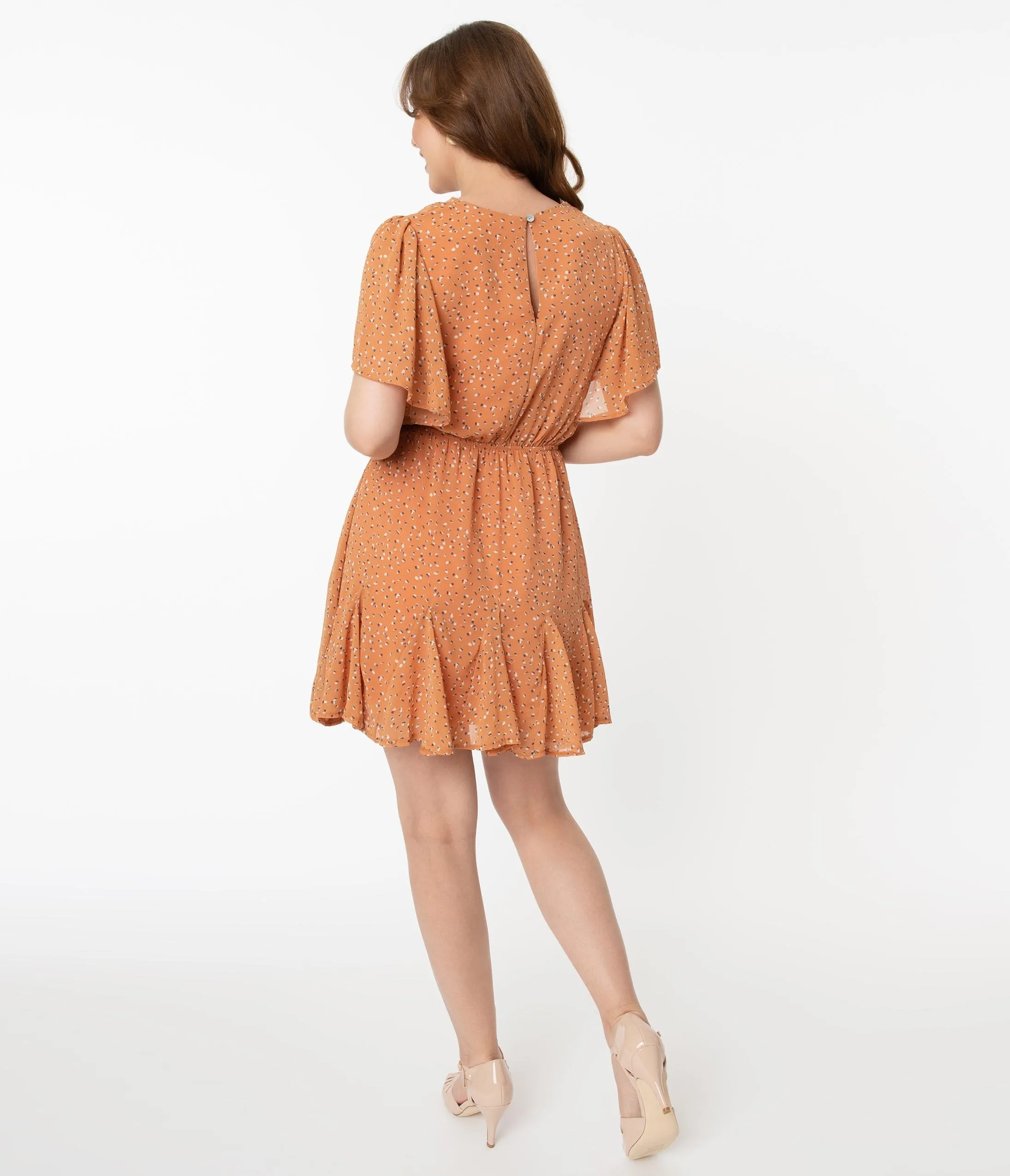 Apricot Orange & Freckled Print Fit & Flare Dress