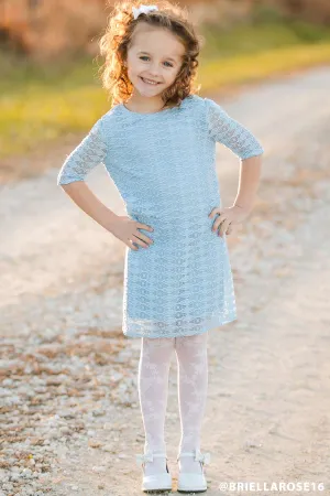 Baby Blue Stretchy Lace Cute Sleeved Summer Party Shift Dress - Girls