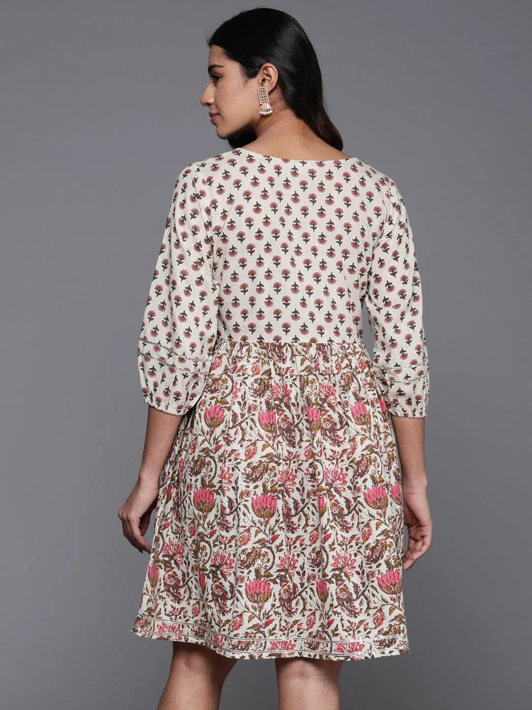 Beige Printed Cotton Fit and Flare Dress