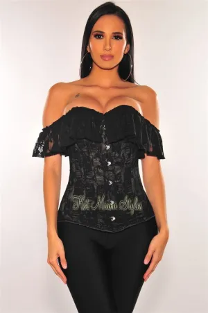 Black Floral Lace Ruffle Off Shoulder Boned Corset Top