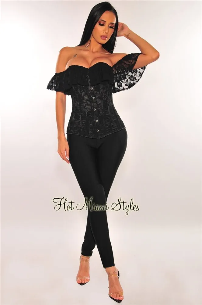 Black Floral Lace Ruffle Off Shoulder Boned Corset Top