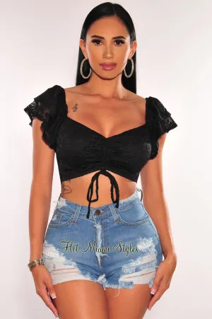 Black Floral Lace Ruffle Sleeve Tie Up Ruched Crop Top