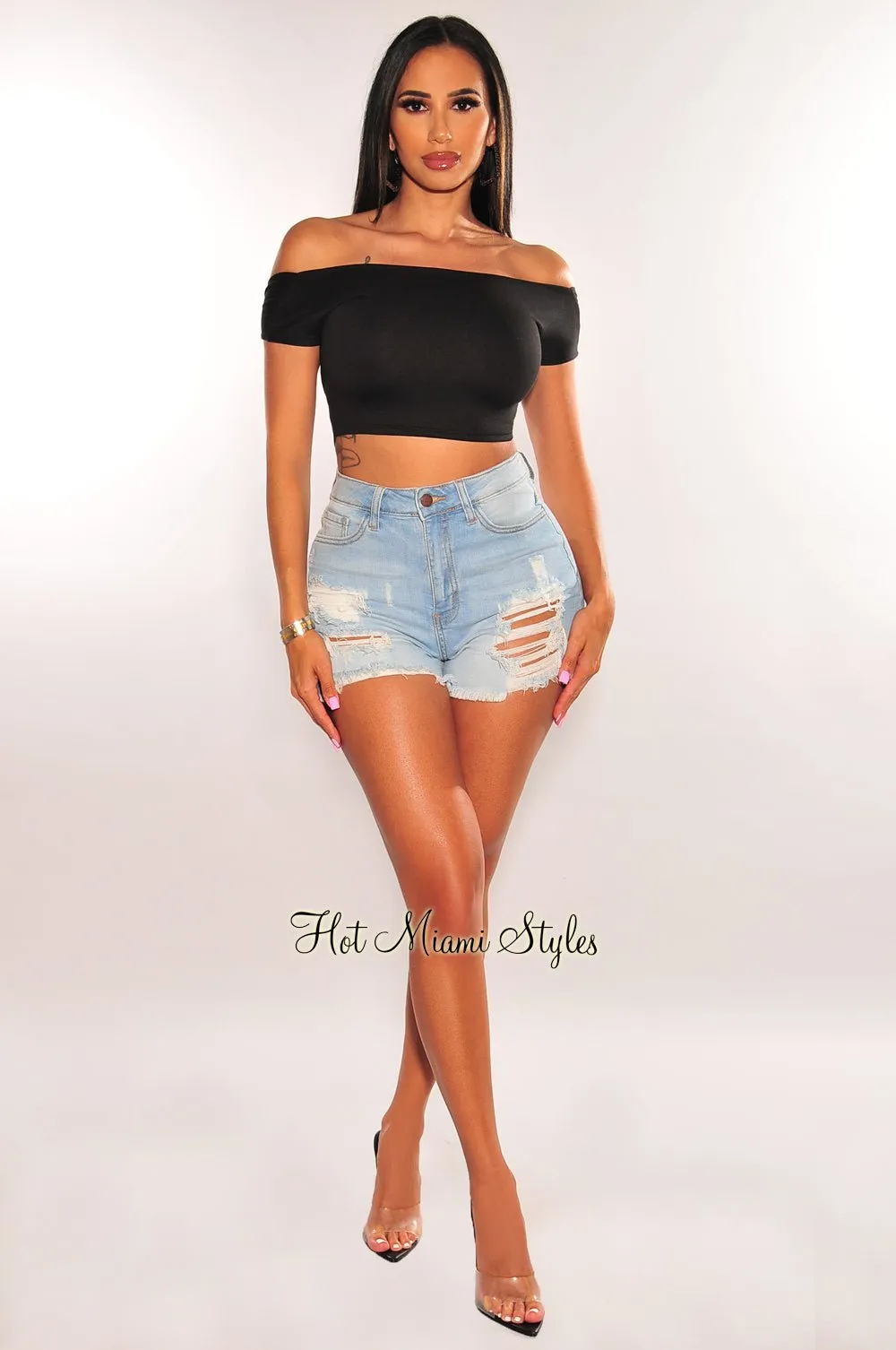 Black Off Shoulder Open Back Crop Top