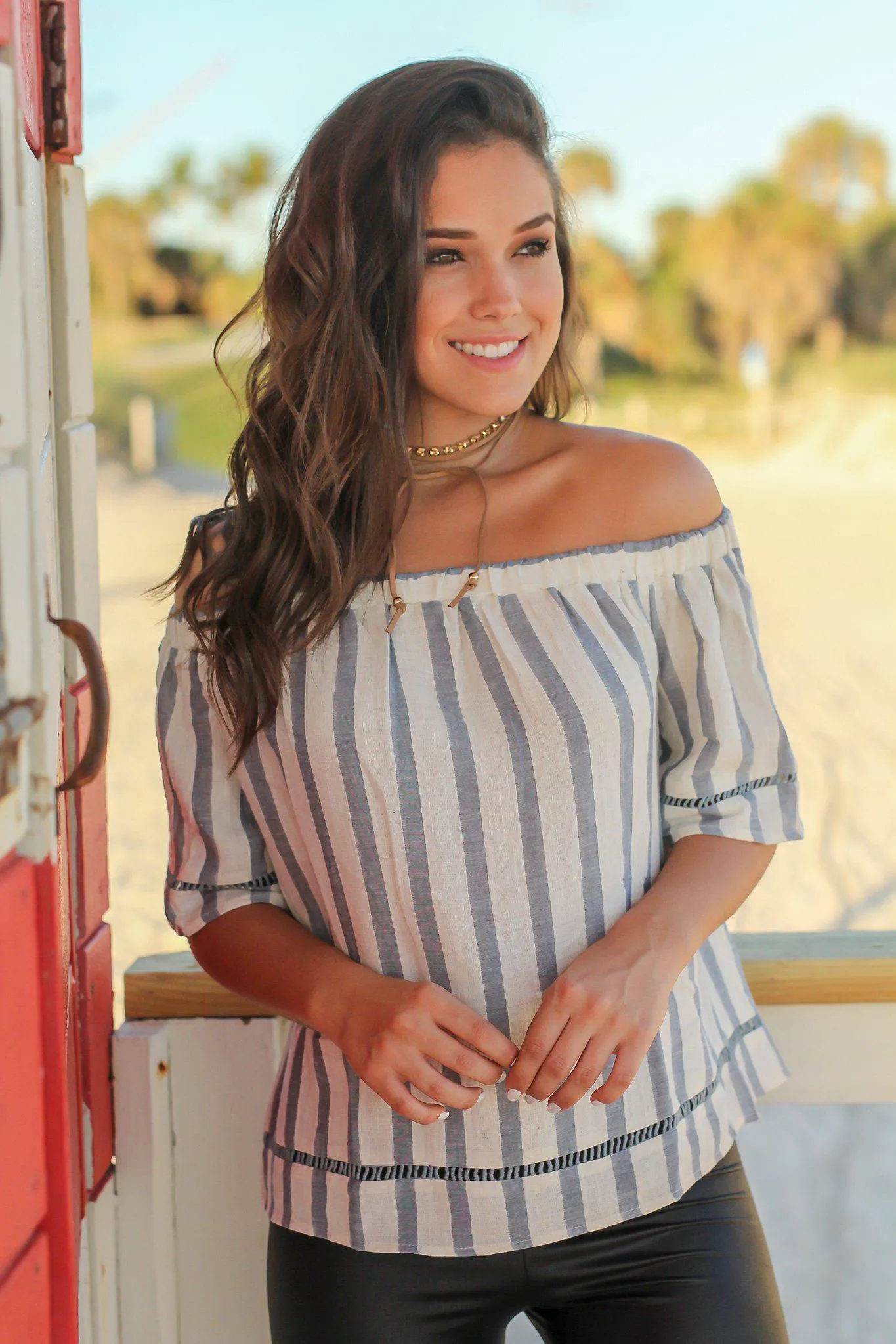 Blue and Ivory Off Shoulder Striped Top