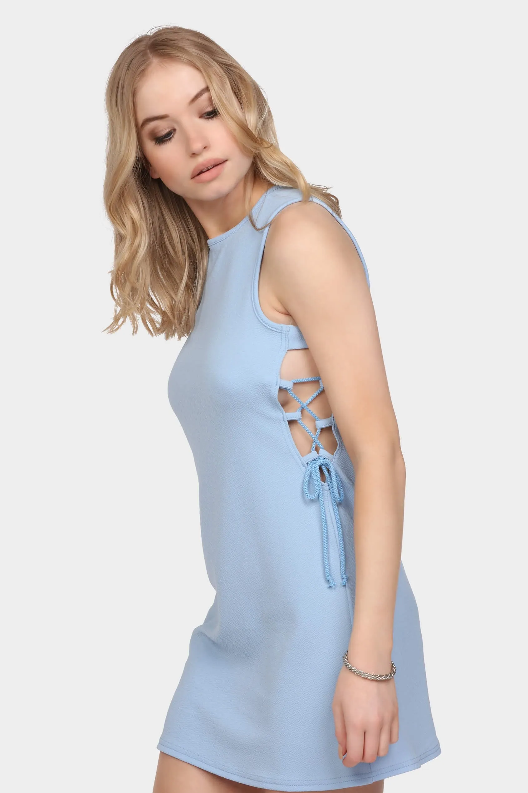 Blue Lace Up Textured Shift Dress