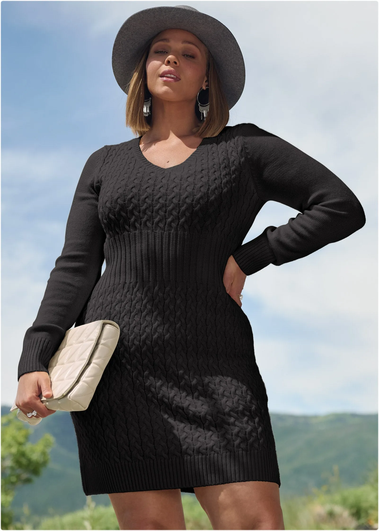 Cable Knit Sweater Dress - Black