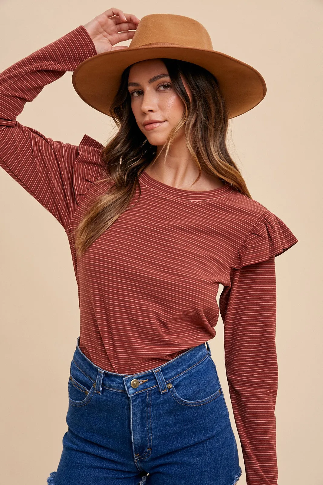 Cerys Ruffle Shoulder Striped Top