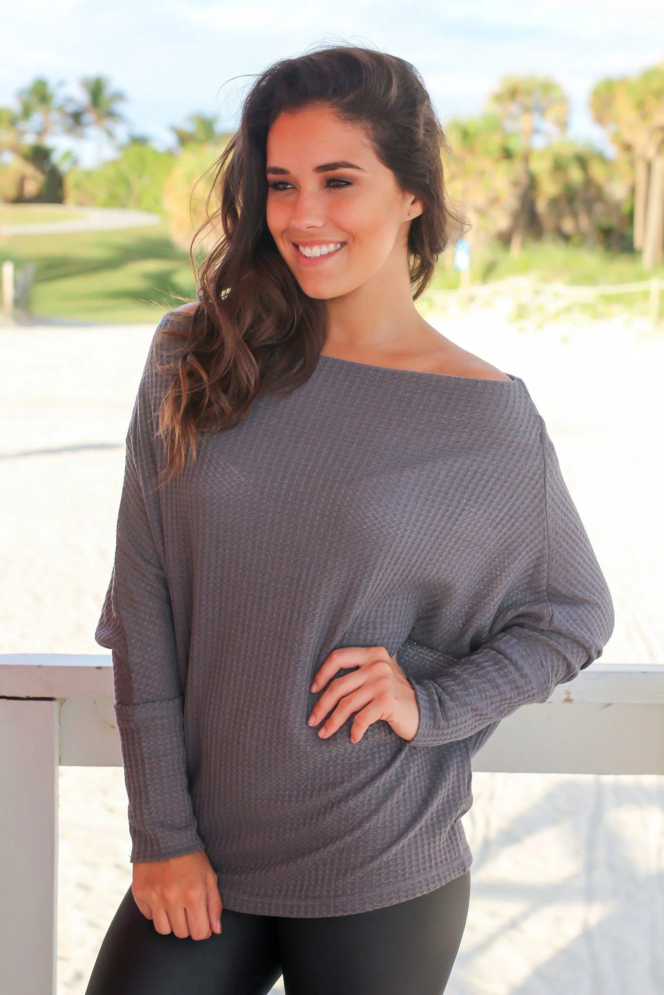 Charcoal Off Shoulder Knit Top