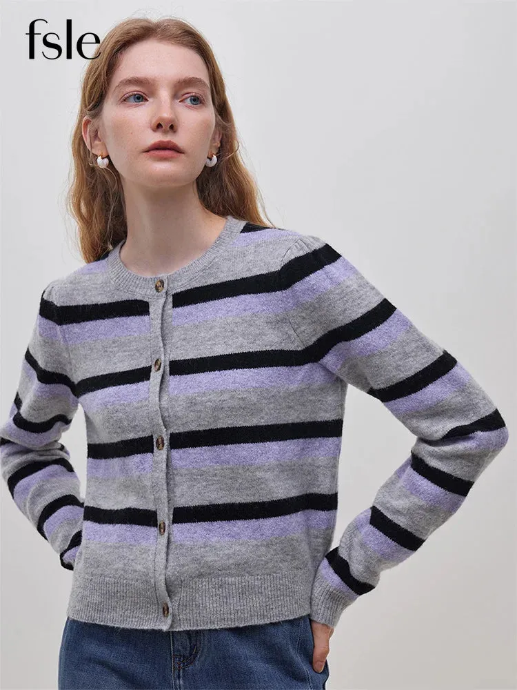 Contrasting Color Striped Round Neck Knitted Cardigan