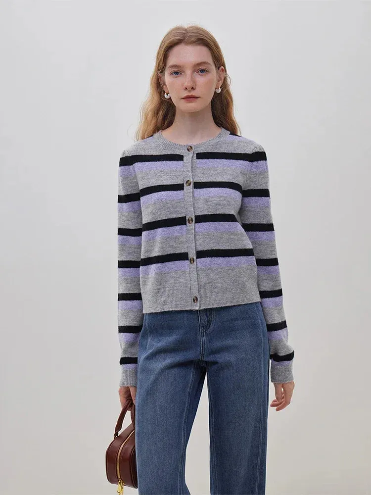 Contrasting Color Striped Round Neck Knitted Cardigan