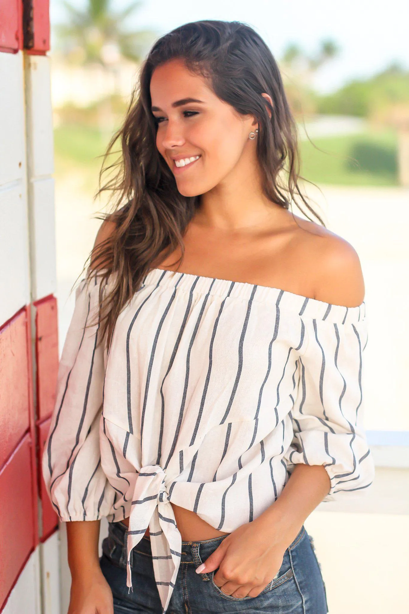 Cream Striped Off Shoulder Top