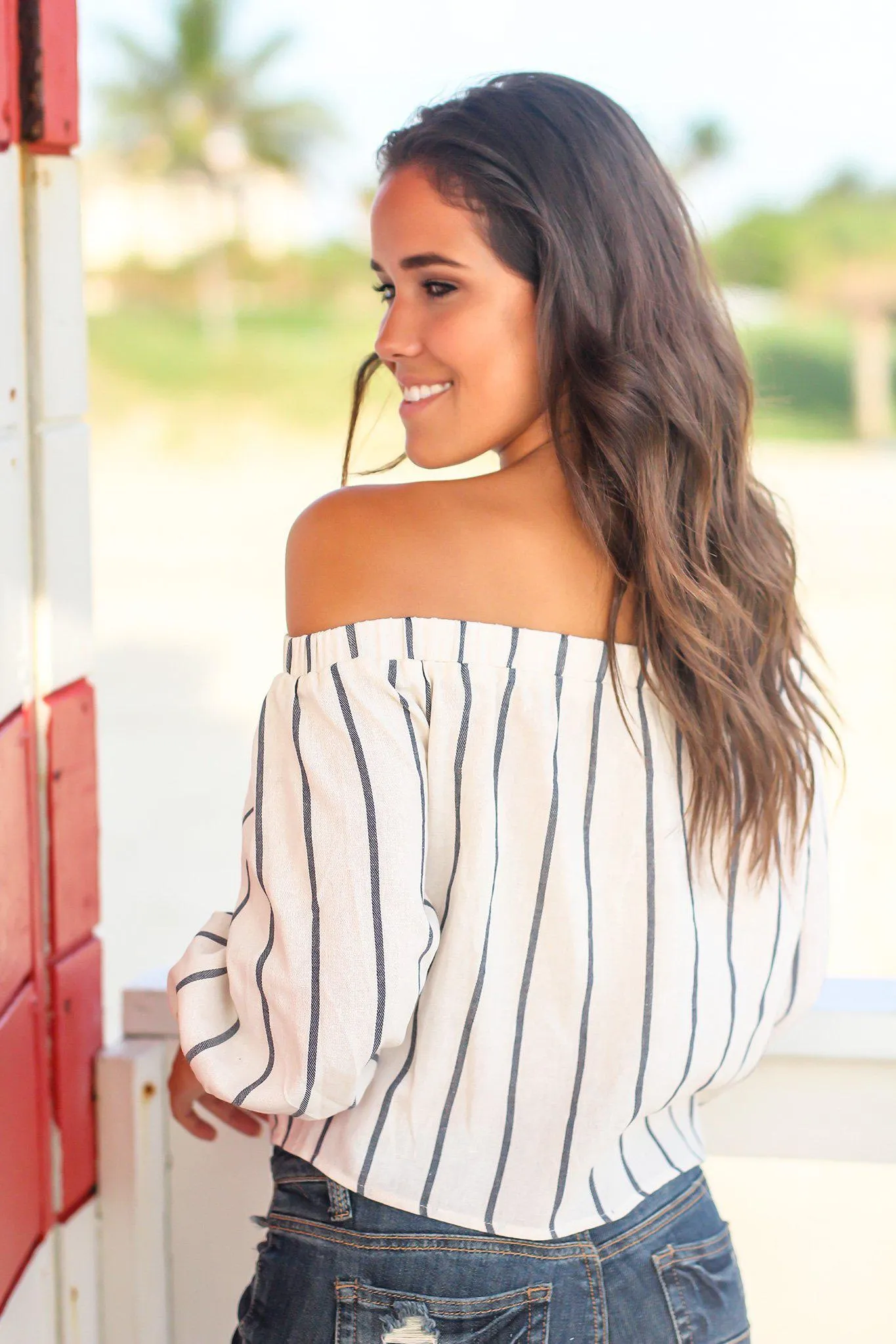 Cream Striped Off Shoulder Top