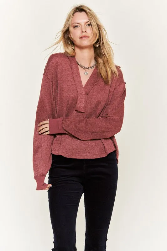 Deep V-neck Collared Long sleeve Knit Top