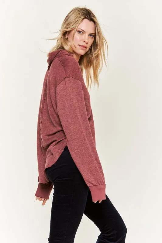 Deep V-neck Collared Long sleeve Knit Top