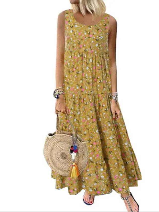 Dunnmall Women's Maxi long Dress - Sleeveless Print Hot Casual Loose Blue Yellow Orange Beige S M L XL XXL 3XL 4XL 5XL