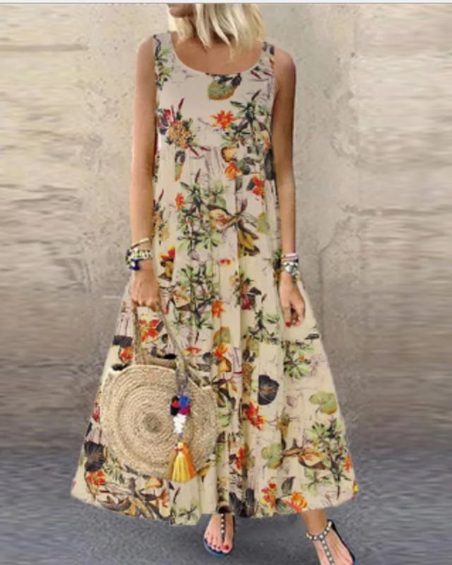 Dunnmall Women's Maxi long Dress - Sleeveless Print Hot Casual Loose Blue Yellow Orange Beige S M L XL XXL 3XL 4XL 5XL