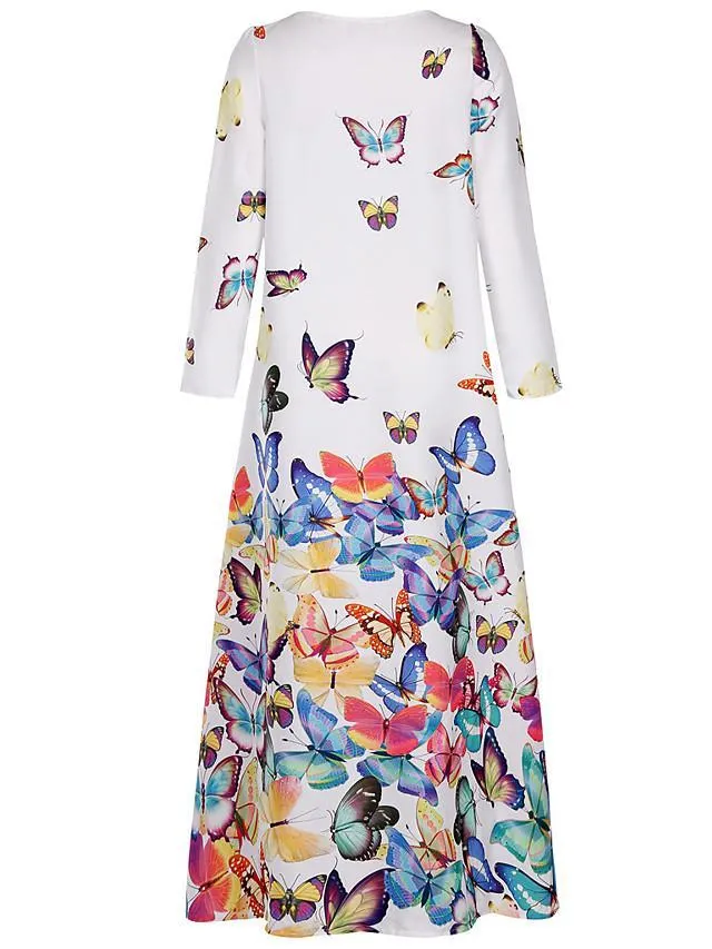 Dunnmall Women's Shift Dress Maxi long Dress - Long Sleeve Butterfly Spring Fall Hot Loose White Yellow Blushing Pink Light Blue S M L XL XXL 3XL 4XL 5XL