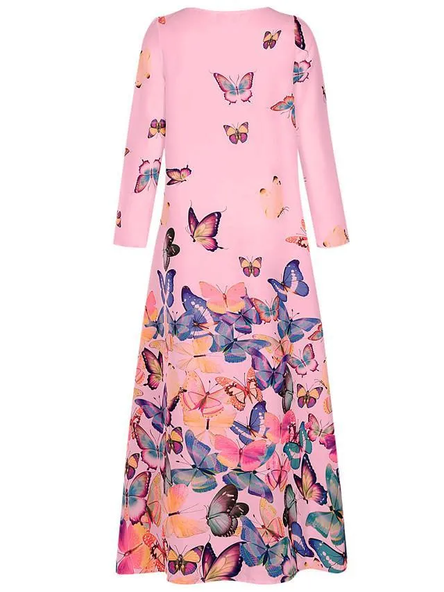 Dunnmall Women's Shift Dress Maxi long Dress - Long Sleeve Butterfly Spring Fall Hot Loose White Yellow Blushing Pink Light Blue S M L XL XXL 3XL 4XL 5XL