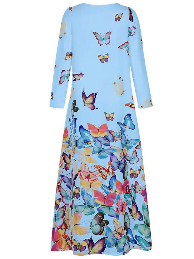 Dunnmall Women's Shift Dress Maxi long Dress - Long Sleeve Butterfly Spring Fall Hot Loose White Yellow Blushing Pink Light Blue S M L XL XXL 3XL 4XL 5XL