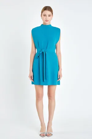 English Factory - Sleeveless Shoulder Pad Shift Dress with Tie