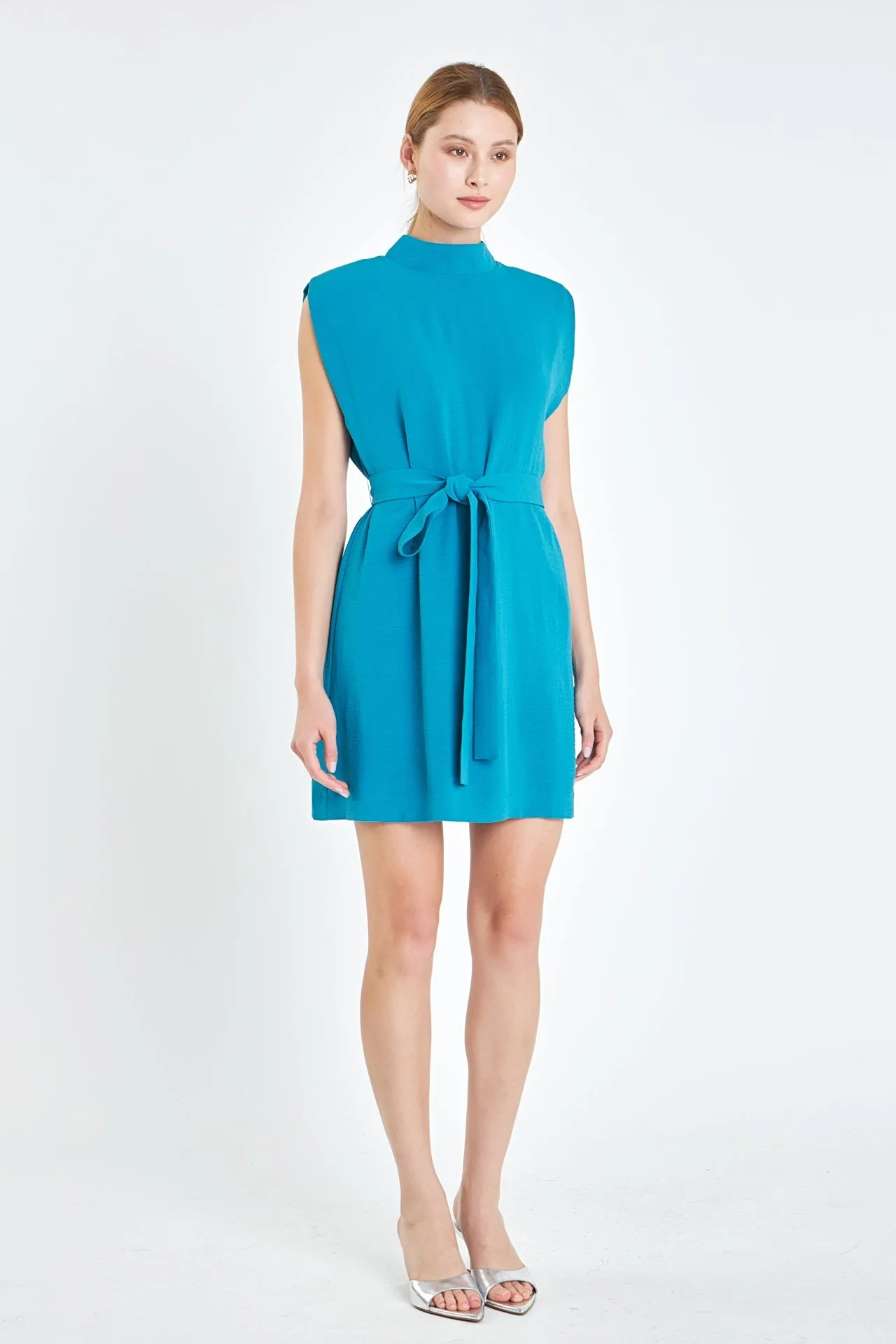 English Factory - Sleeveless Shoulder Pad Shift Dress with Tie