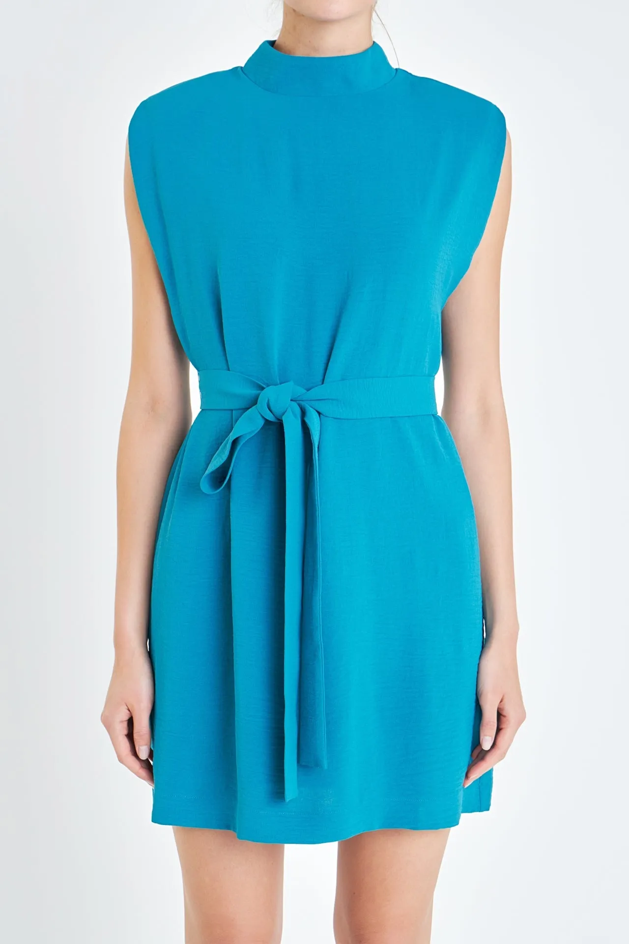 English Factory - Sleeveless Shoulder Pad Shift Dress with Tie