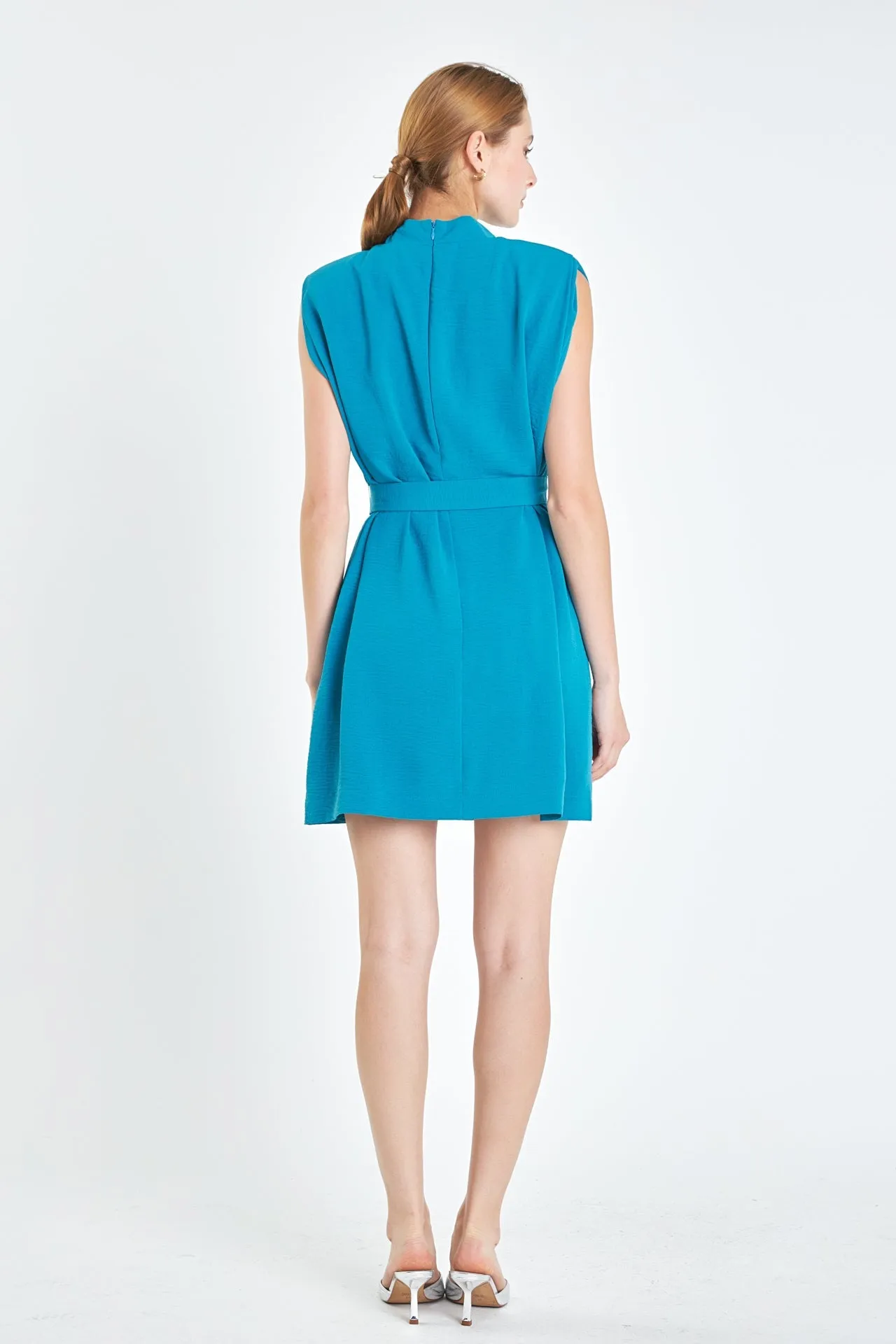 English Factory - Sleeveless Shoulder Pad Shift Dress with Tie