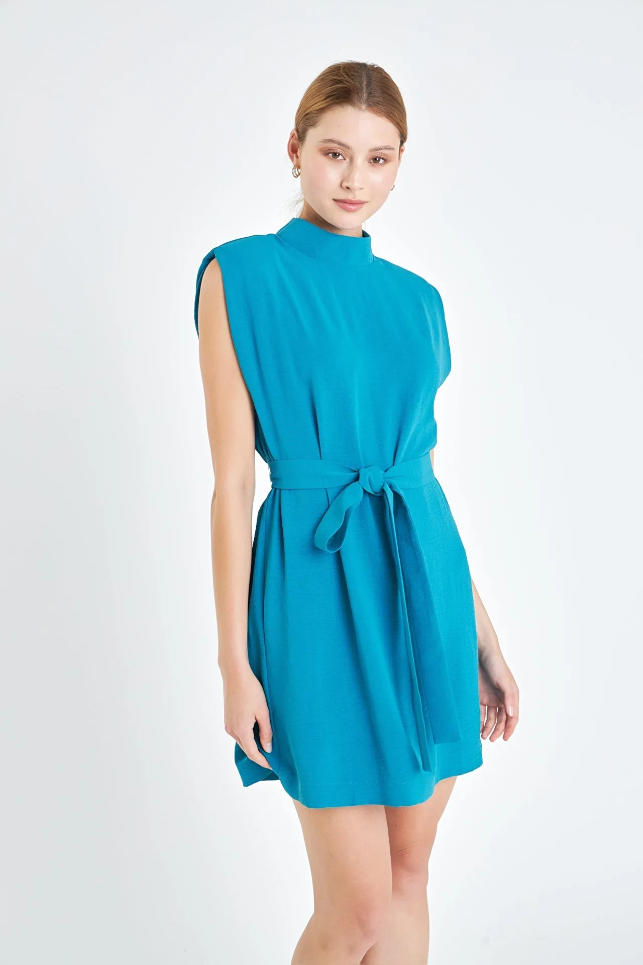 English Factory - Sleeveless Shoulder Pad Shift Dress with Tie