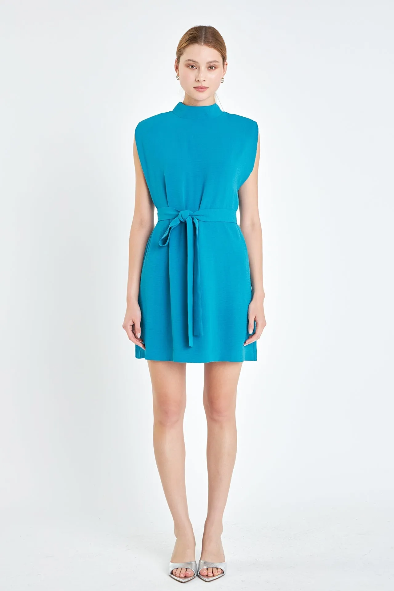 English Factory - Sleeveless Shoulder Pad Shift Dress with Tie