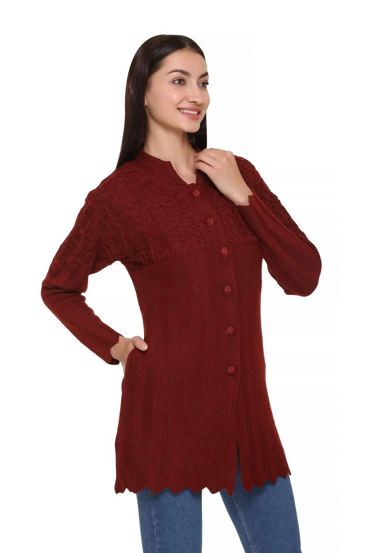 eWools Women's Wool Round Neck Cardigan Woolen Embroidered Long Cardigan_Maroon_XL