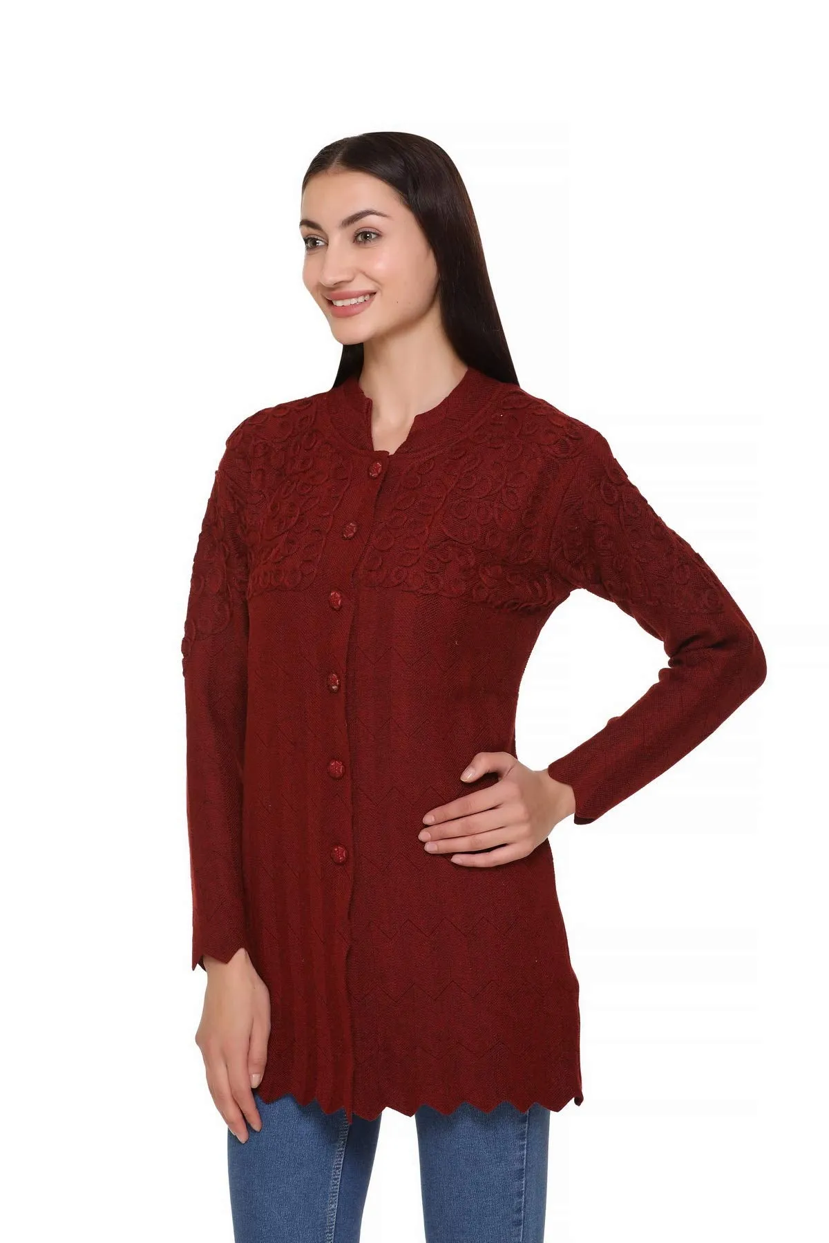 eWools Women's Wool Round Neck Cardigan Woolen Embroidered Long Cardigan_Maroon_XL