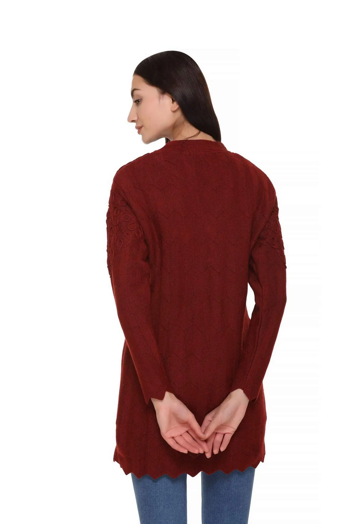 eWools Women's Wool Round Neck Cardigan Woolen Embroidered Long Cardigan_Maroon_XL