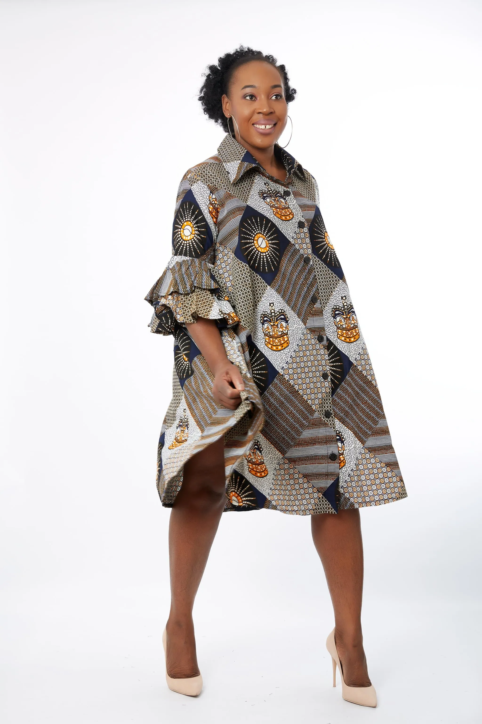 Ezinne African Ankara Print Cut out Shift Shirt Dress