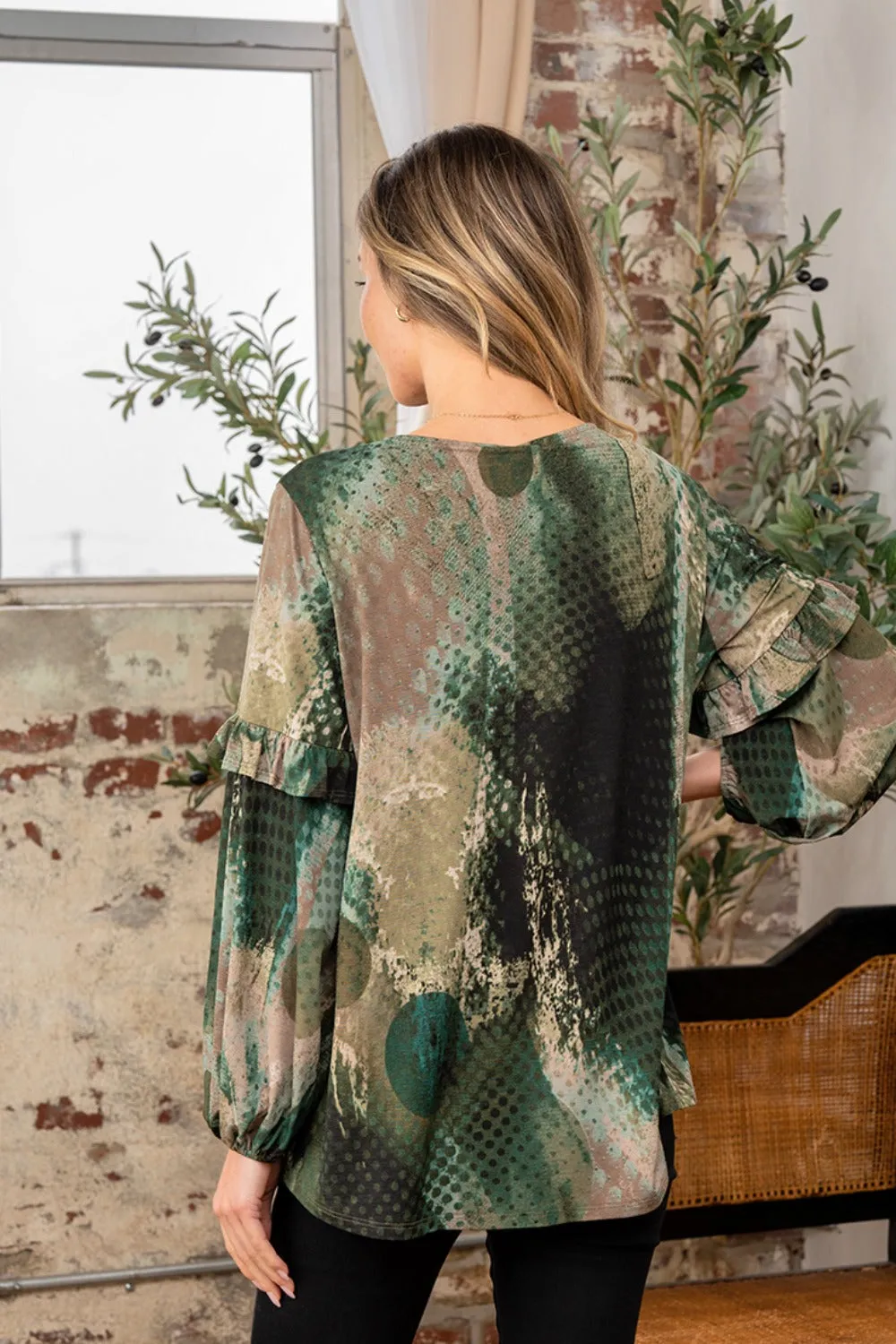 Full Size Snakeskin Print Long Sleeve Top with Ruffle