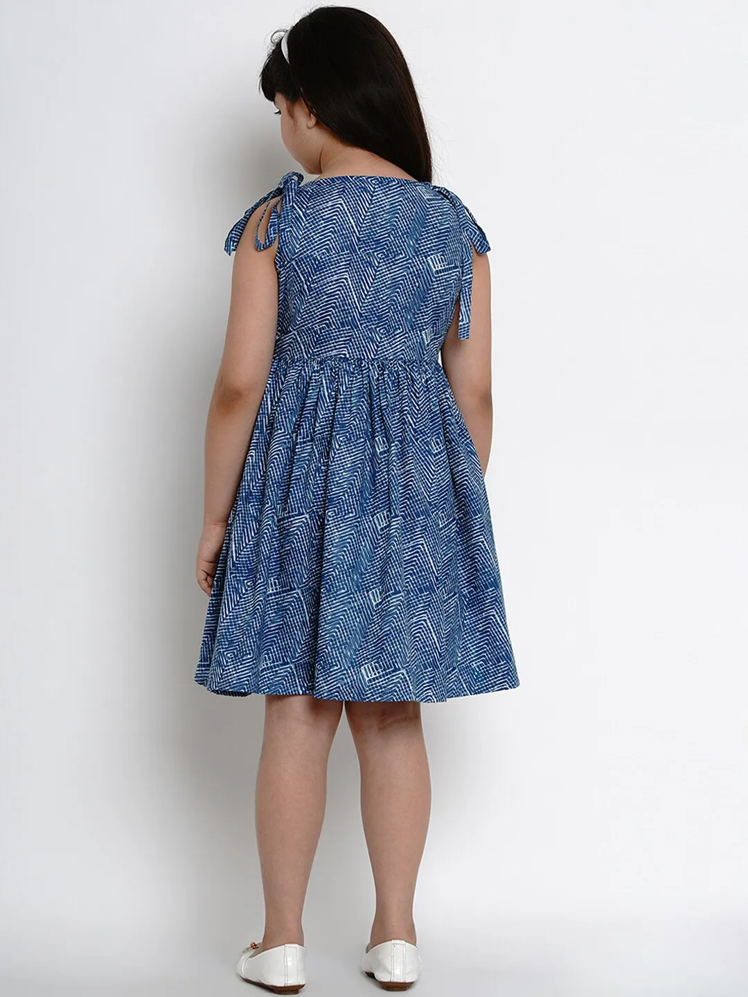 Girl's Blue Printed Fit And Flare Dress  - NOZ2TOZ KIDS