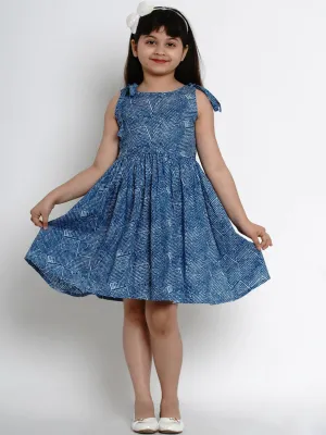 Girl's Blue Printed Fit And Flare Dress  - NOZ2TOZ KIDS