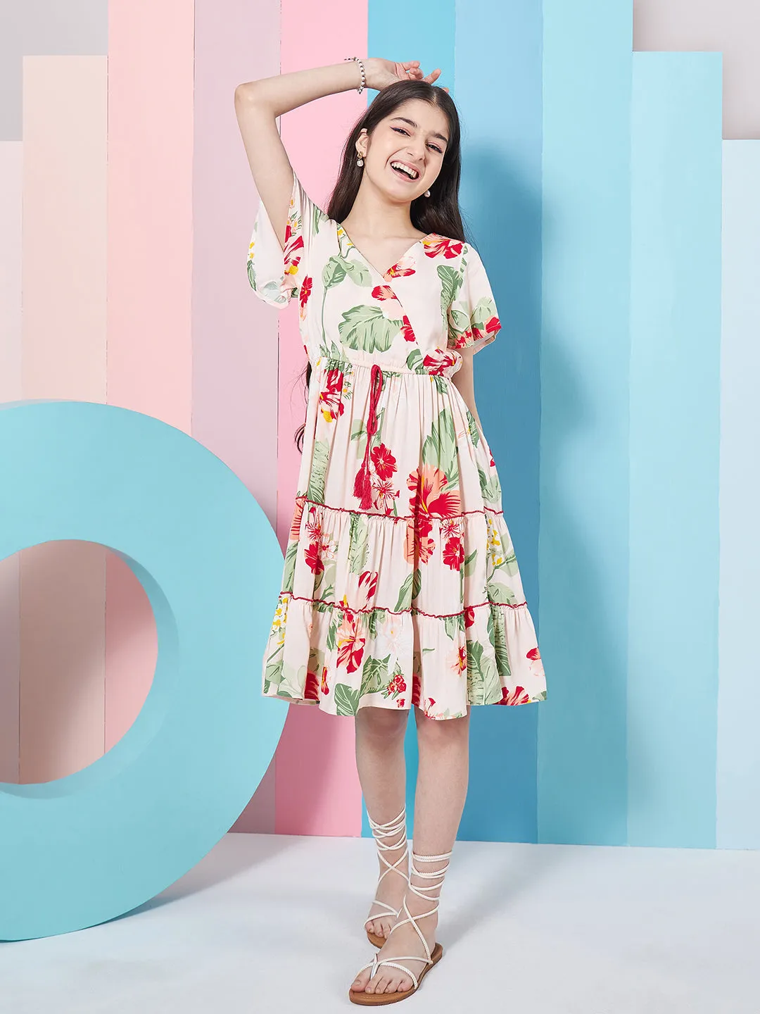 Girls Floral Printed Flared Sleeves Tiered Fit Flare Dress - PS Peaches