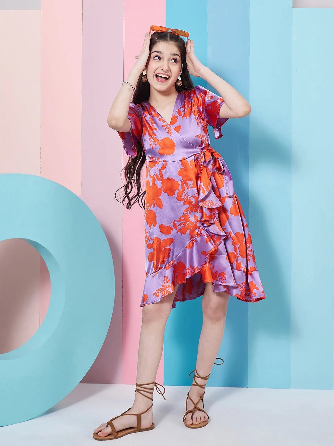 Girls Floral Printed Flutter Sleeve Satin Wrap Dress - PS Peaches