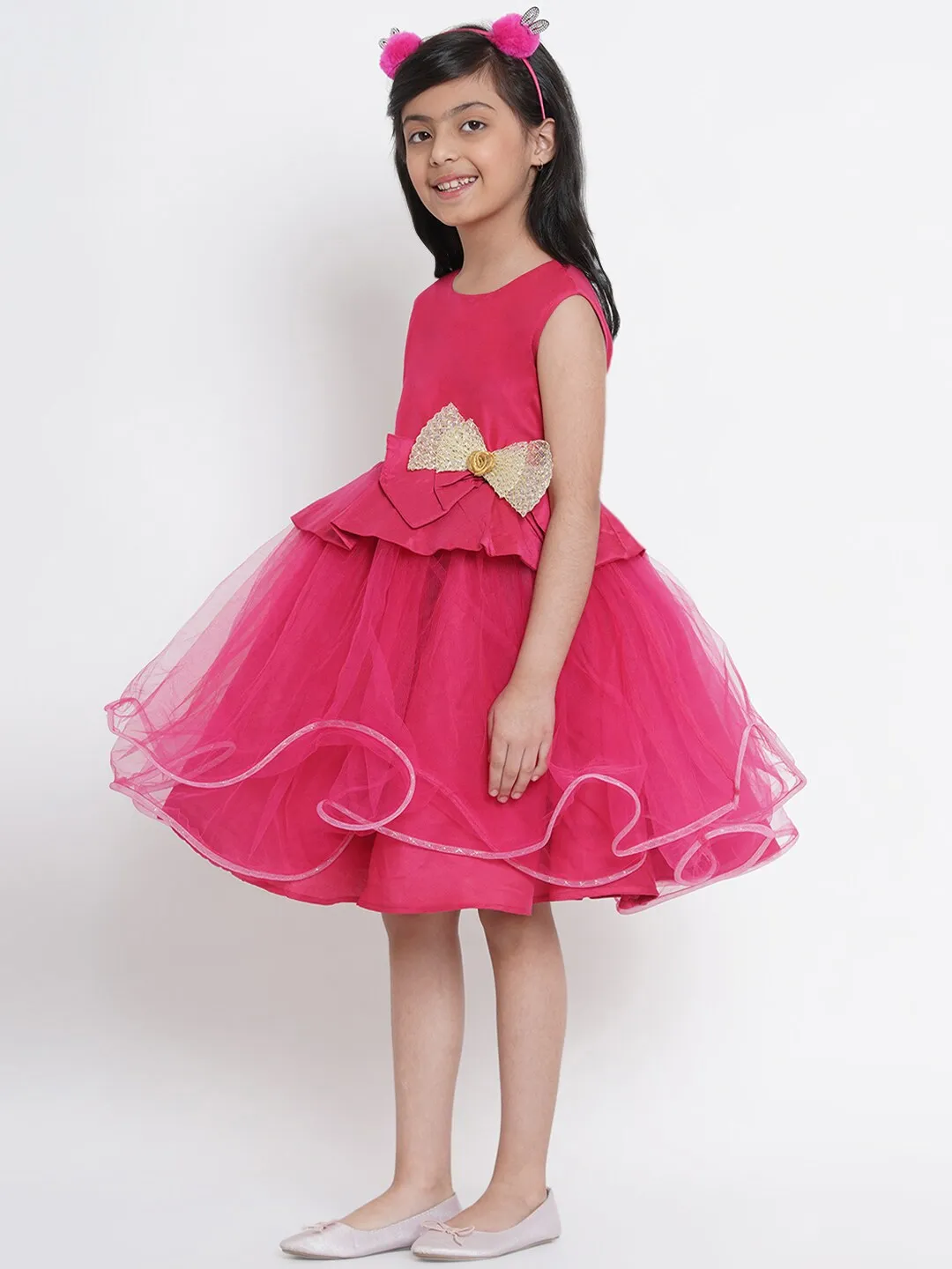 Girl's Fuchsia Pink Embellished Fit And Flare Dress  - NOZ2TOZ KIDS