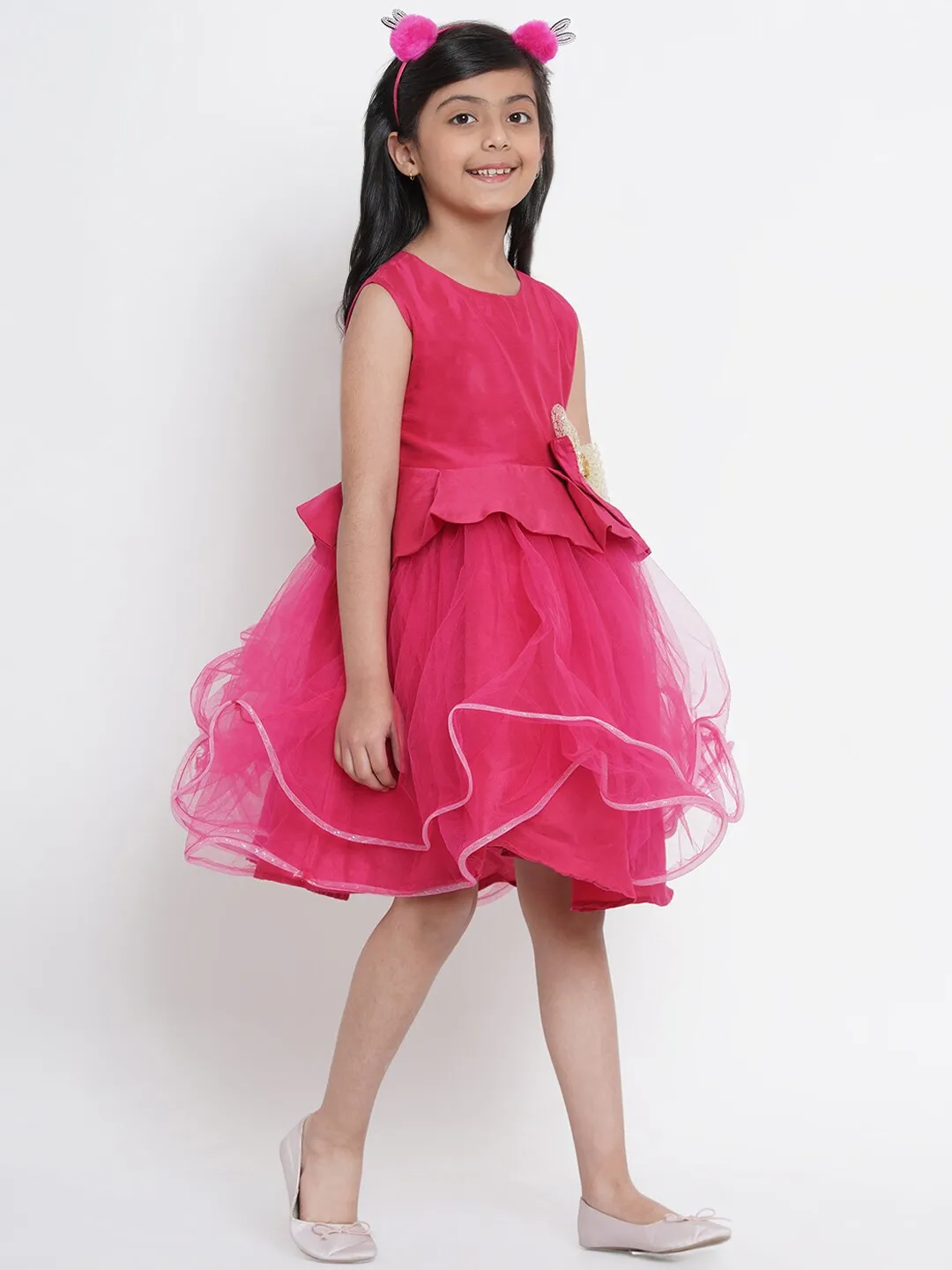 Girl's Fuchsia Pink Embellished Fit And Flare Dress  - NOZ2TOZ KIDS