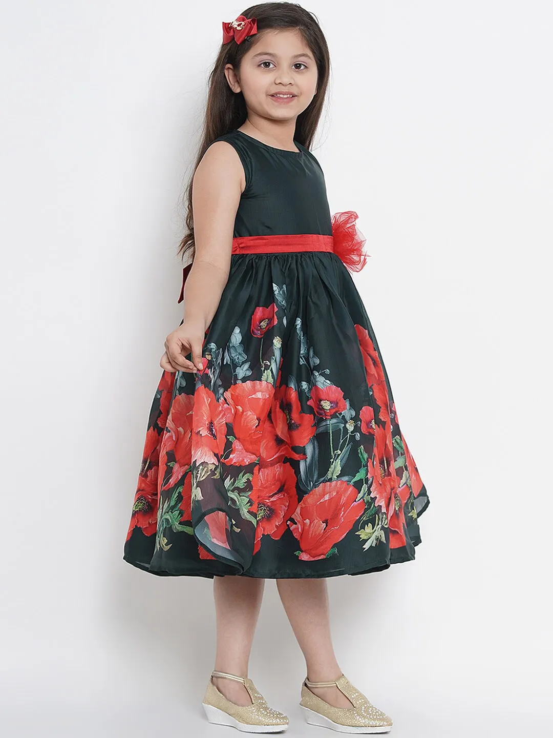 Girl's Green Printed Fit And Flare Dress  - NOZ2TOZ KIDS