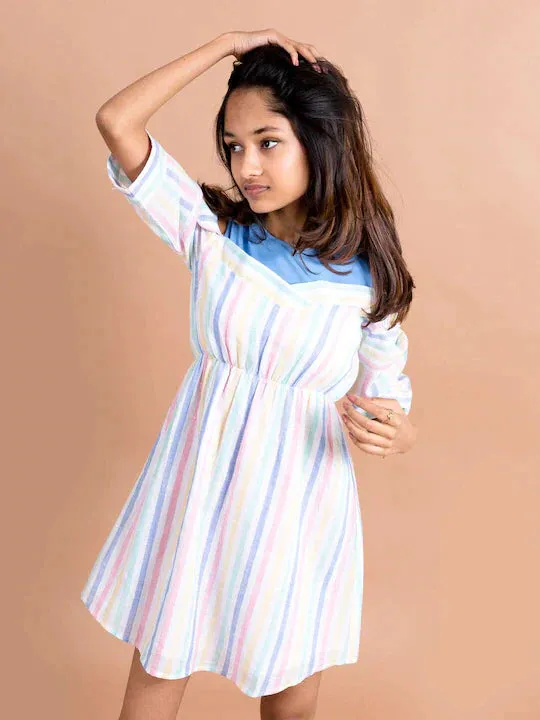 Girls Multi Striped Cotton Fit Flare Dress - Ps Peaches