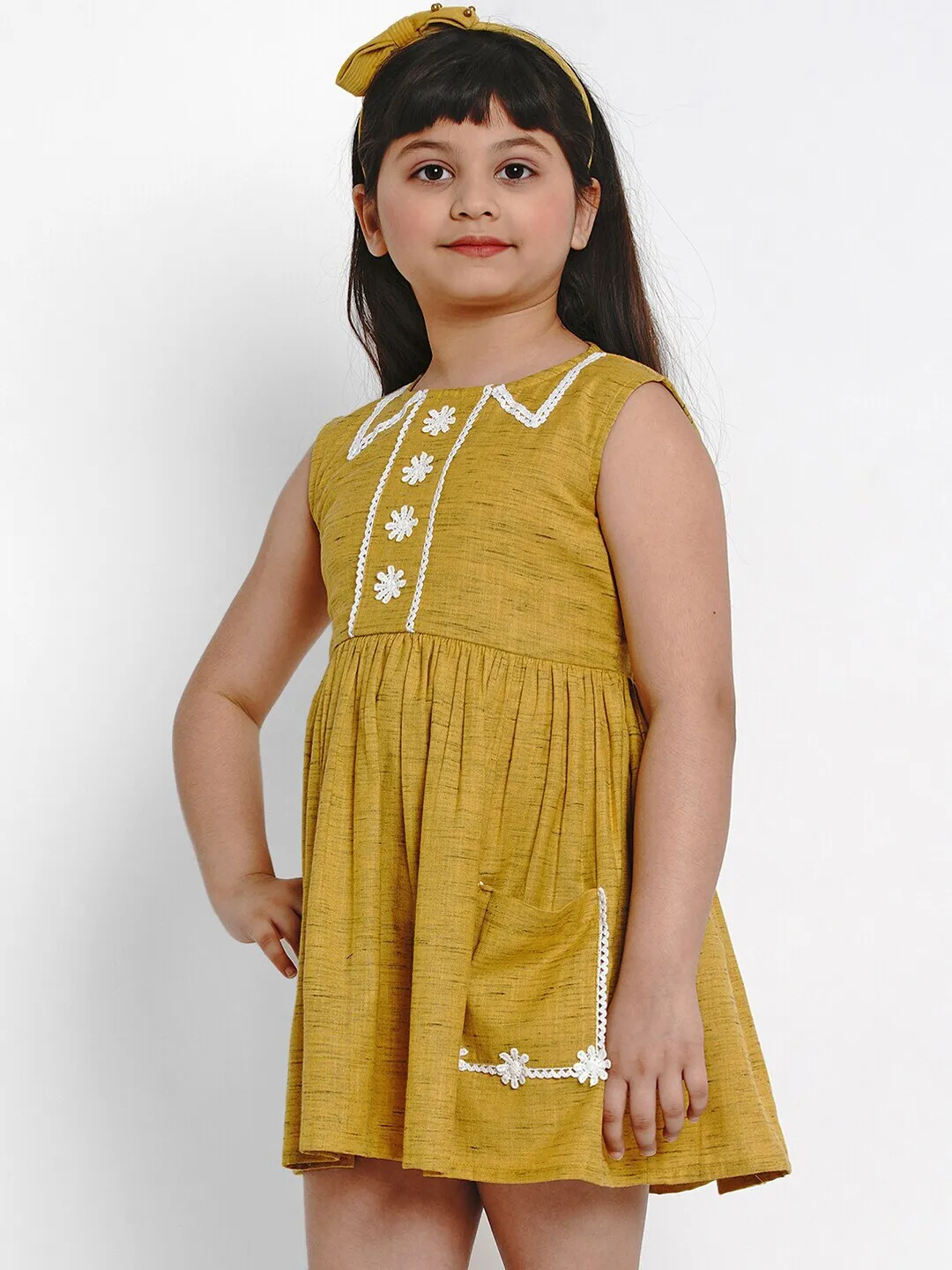 Girl's Mustard Yellow Solid Fit And Flare Dress  - NOZ2TOZ KIDS